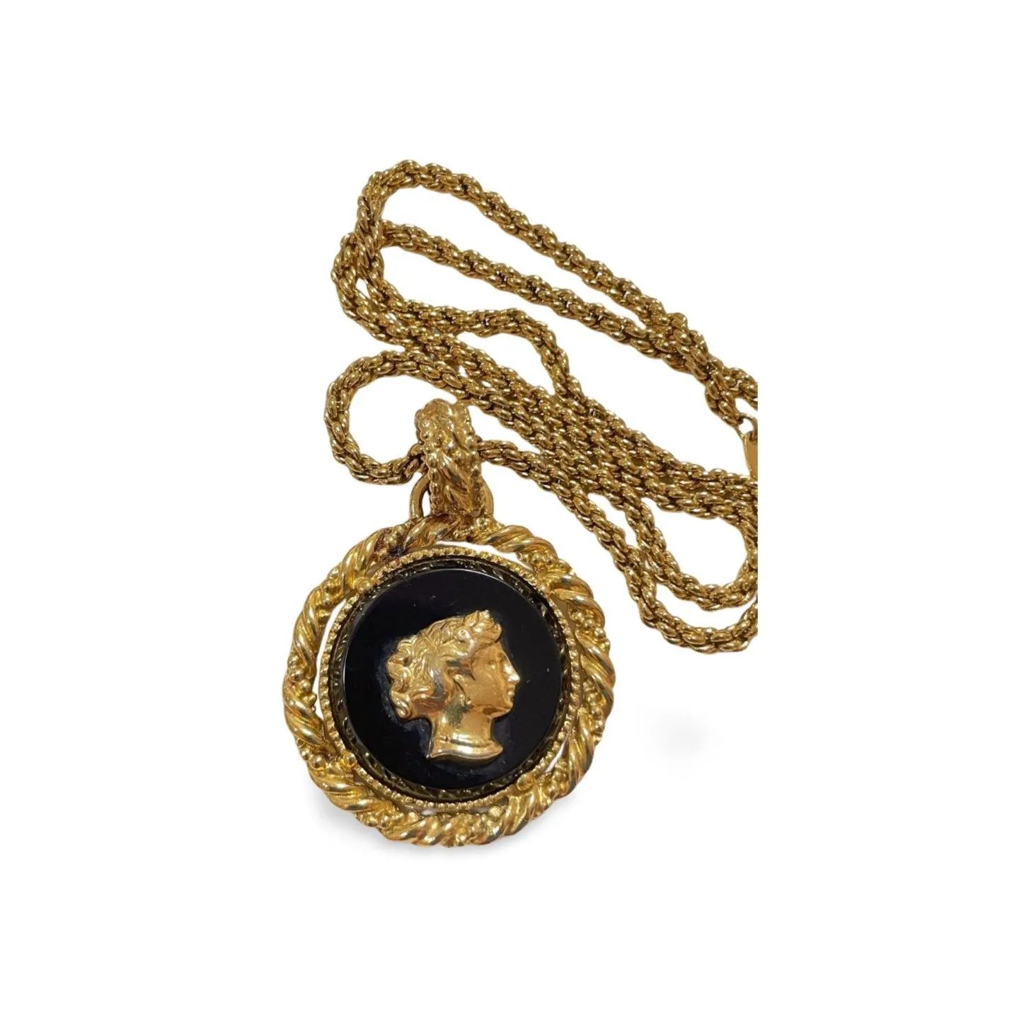 Vintage Yves Saint Laurent golden chain necklace with golden and black Queen cameo design pendant top. 060123ac7