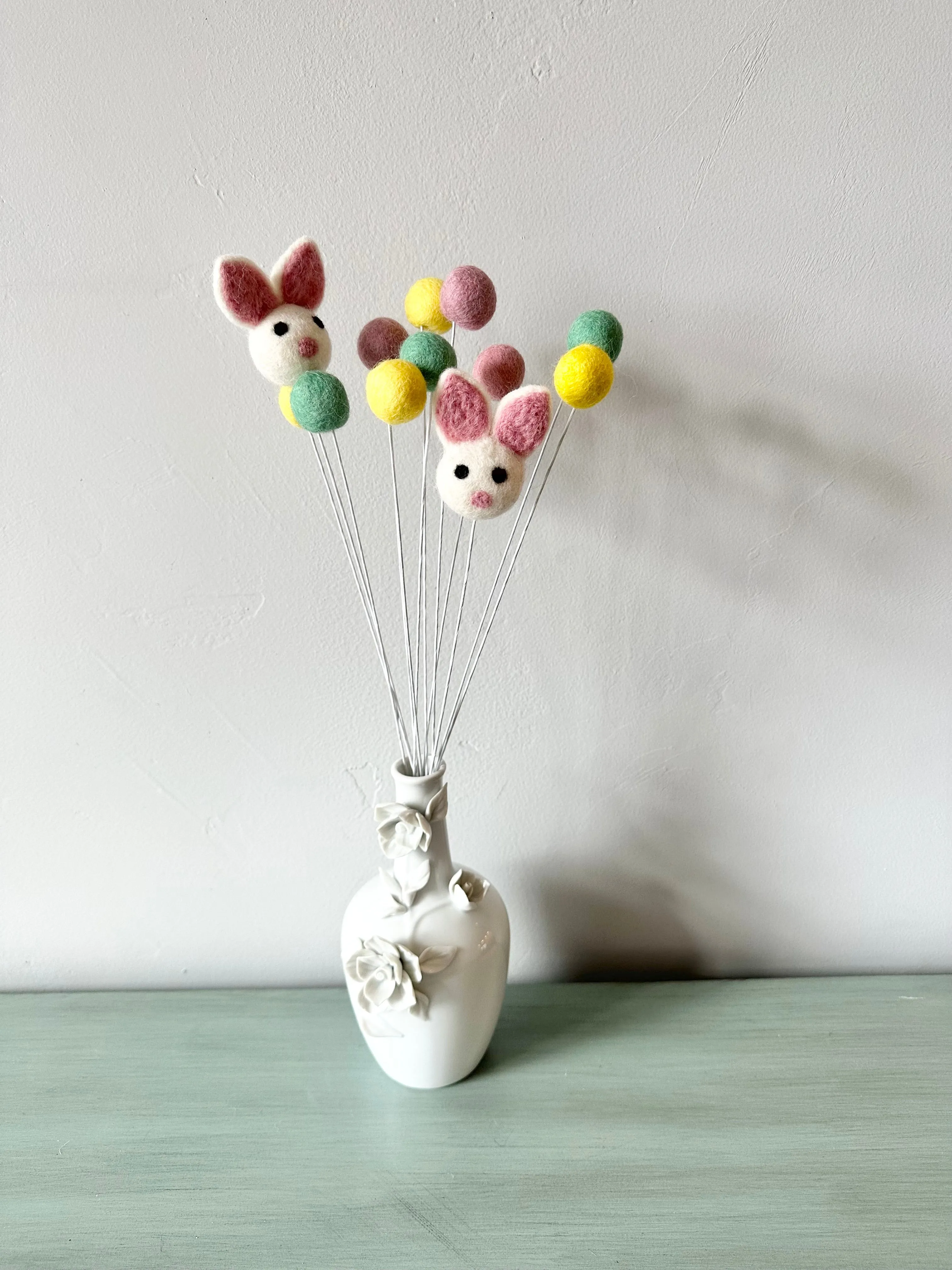 White Bunny & Felt Ball Flower Bouquet