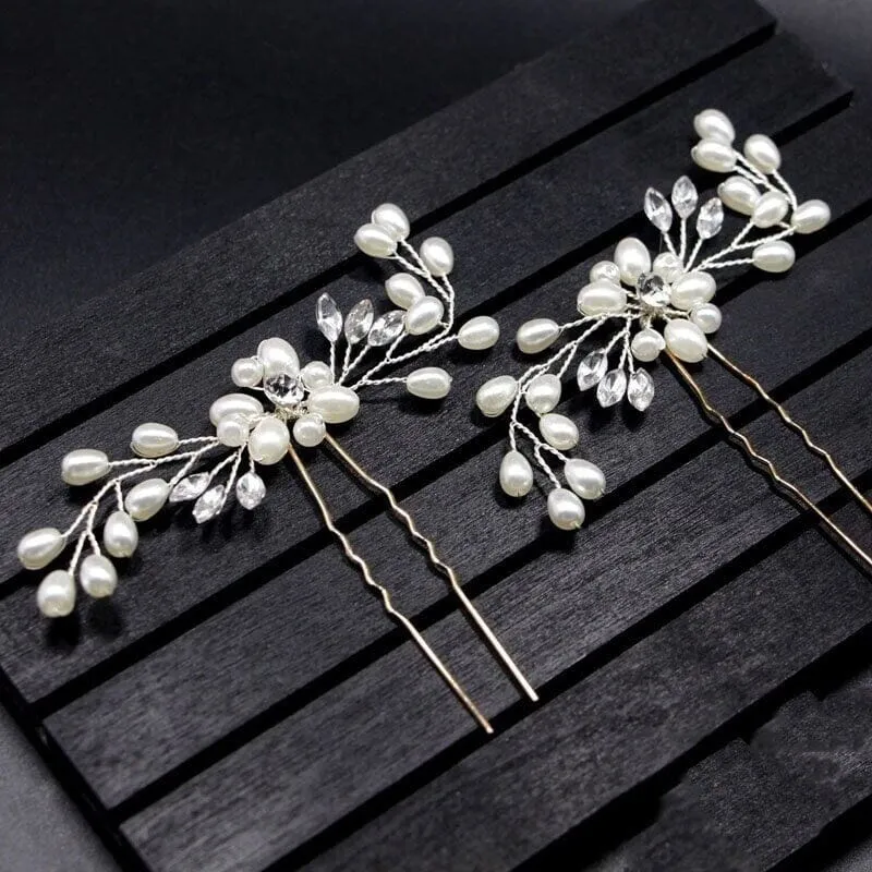 White Oval Pearl Flower 2 PC Hairpin Set, Bridal Hand Wired Pearl Hair Pins, Wedding Prom Floral Pearl Hairpiece