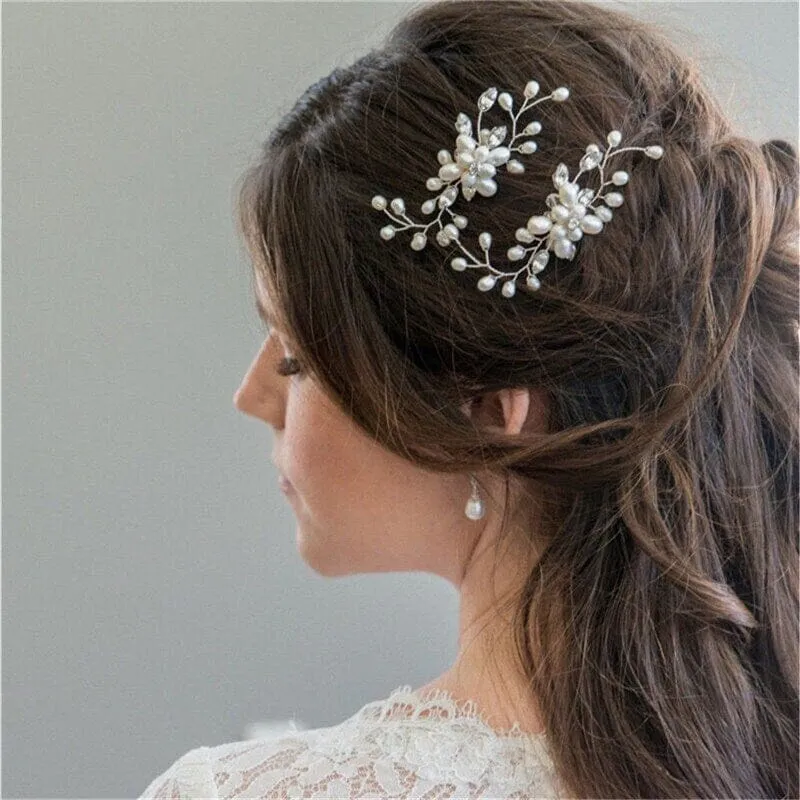 White Oval Pearl Flower 2 PC Hairpin Set, Bridal Hand Wired Pearl Hair Pins, Wedding Prom Floral Pearl Hairpiece
