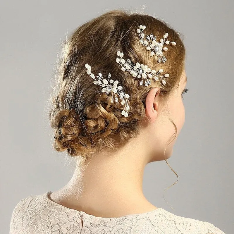 White Oval Pearl Flower 2 PC Hairpin Set, Bridal Hand Wired Pearl Hair Pins, Wedding Prom Floral Pearl Hairpiece