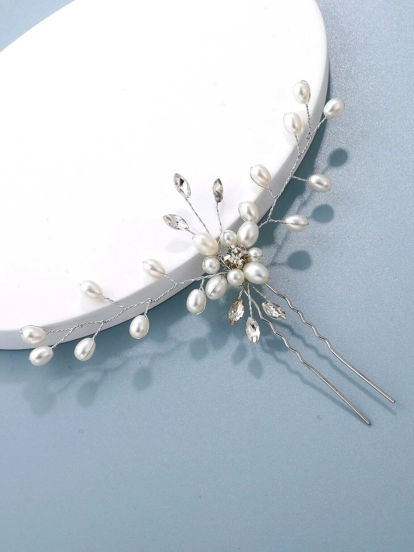 White Oval Pearl Flower 2 PC Hairpin Set, Bridal Hand Wired Pearl Hair Pins, Wedding Prom Floral Pearl Hairpiece