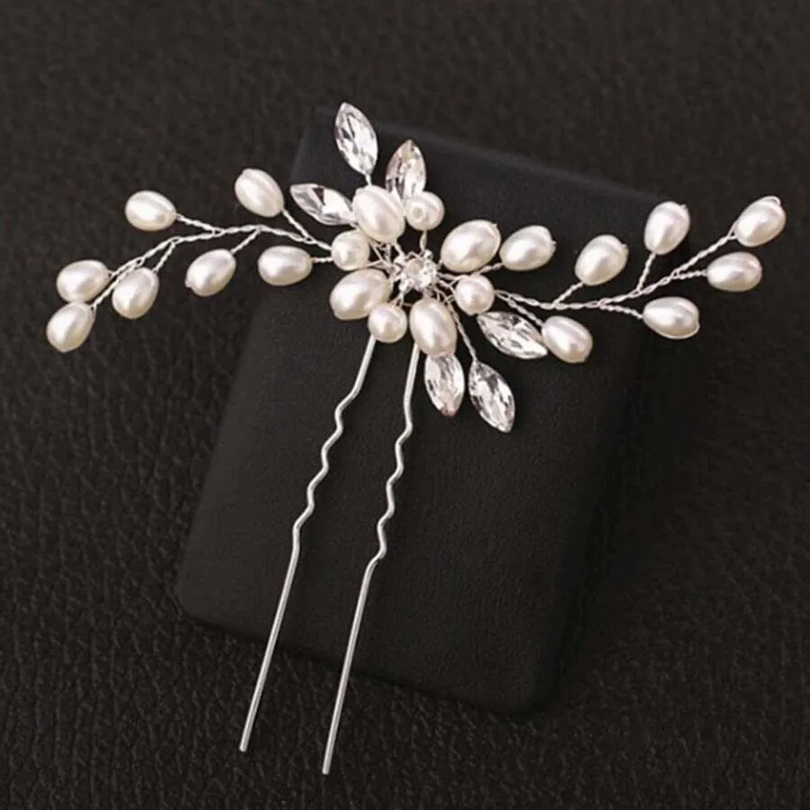 White Oval Pearl Flower 2 PC Hairpin Set, Bridal Hand Wired Pearl Hair Pins, Wedding Prom Floral Pearl Hairpiece