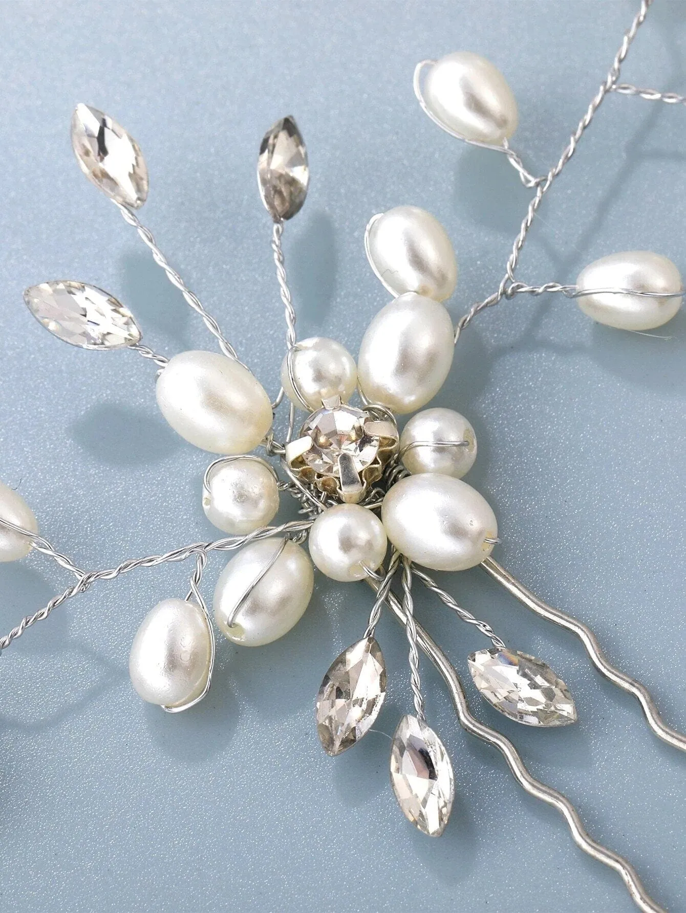 White Oval Pearl Flower 2 PC Hairpin Set, Bridal Hand Wired Pearl Hair Pins, Wedding Prom Floral Pearl Hairpiece