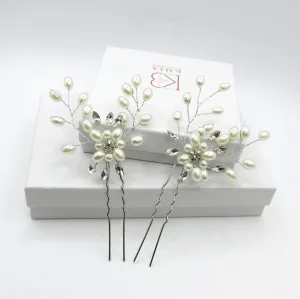 White Oval Pearl Flower 2 PC Hairpin Set, Bridal Hand Wired Pearl Hair Pins, Wedding Prom Floral Pearl Hairpiece