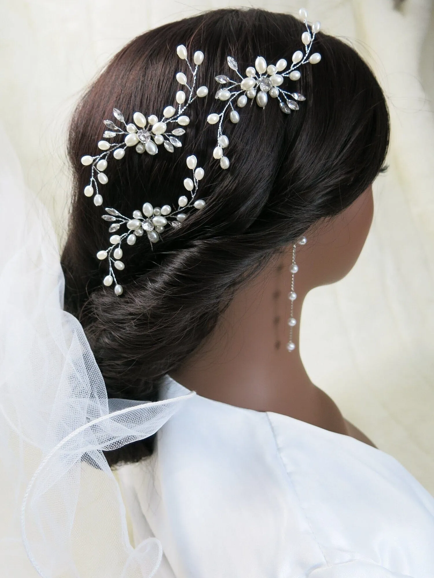 White Oval Pearl Flower 2 PC Hairpin Set, Bridal Hand Wired Pearl Hair Pins, Wedding Prom Floral Pearl Hairpiece