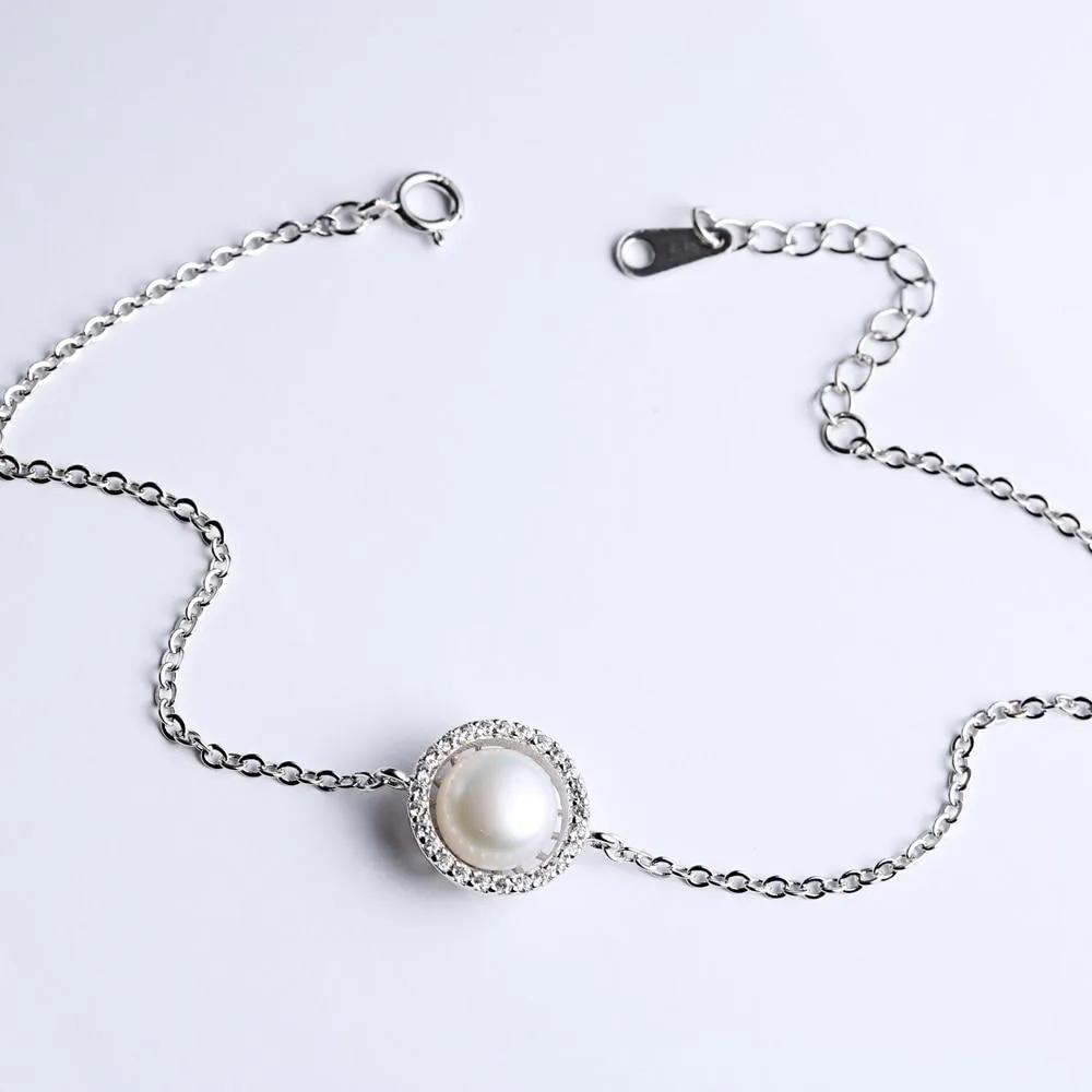 Women 925 Sterling Silver Adjustable Bracelet with Round Simulated Pearl, Party Jewelry Bracelets & Bangles