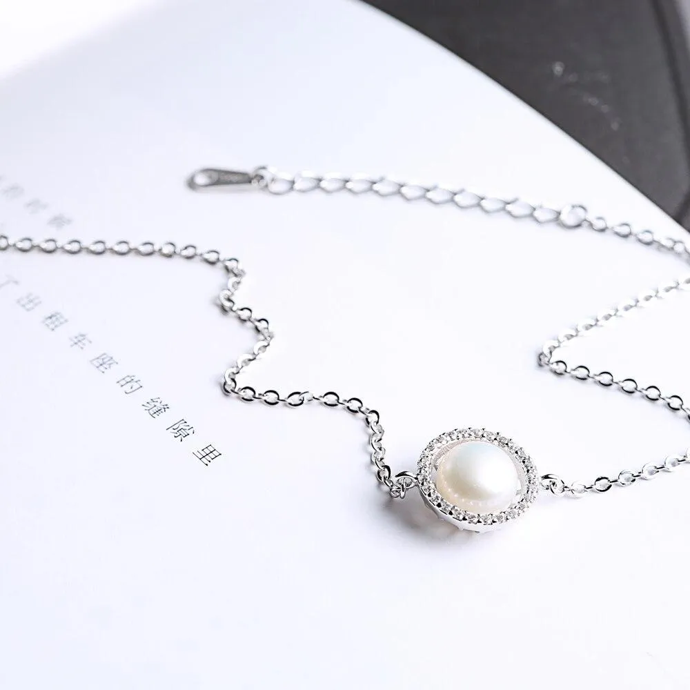 Women 925 Sterling Silver Adjustable Bracelet with Round Simulated Pearl, Party Jewelry Bracelets & Bangles