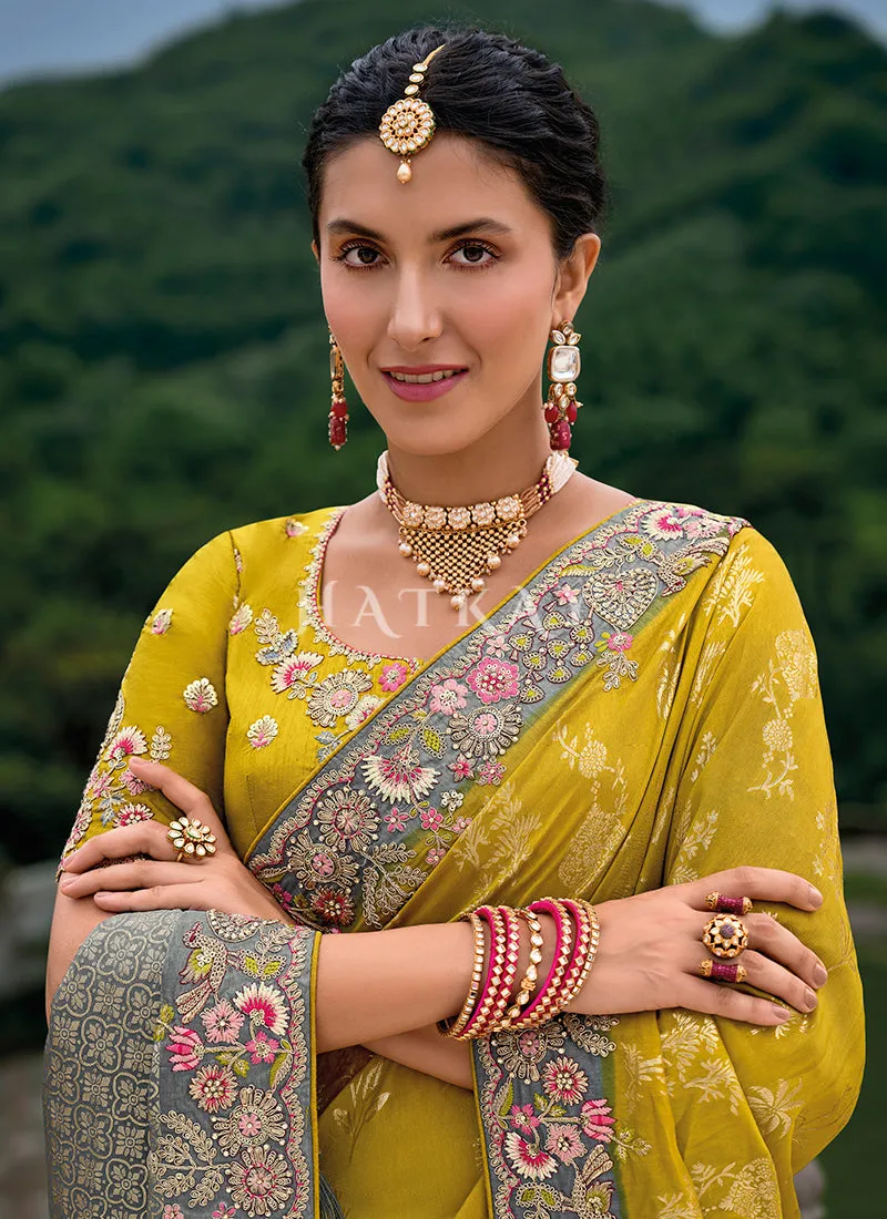 Yellow And Grey Floral Embroidery Saree