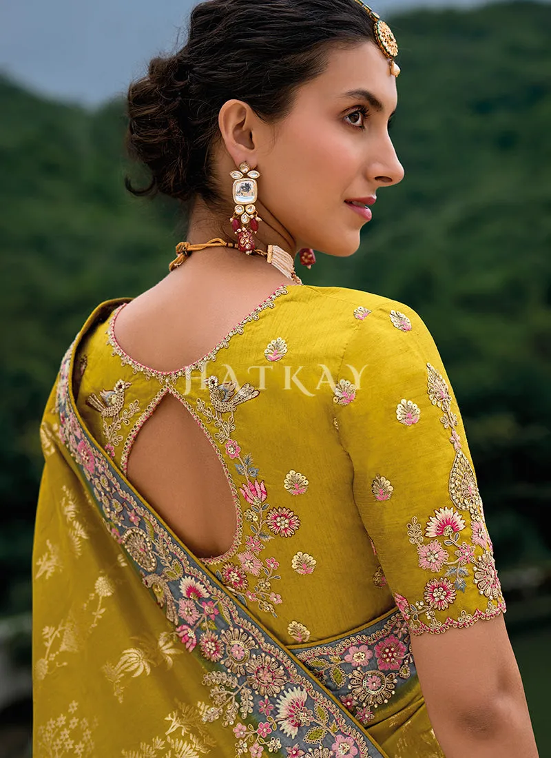 Yellow And Grey Floral Embroidery Saree