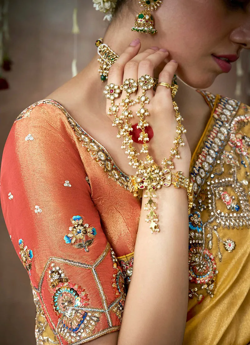 Yellow And Orange Multi Embroidery Tissue Silk Saree