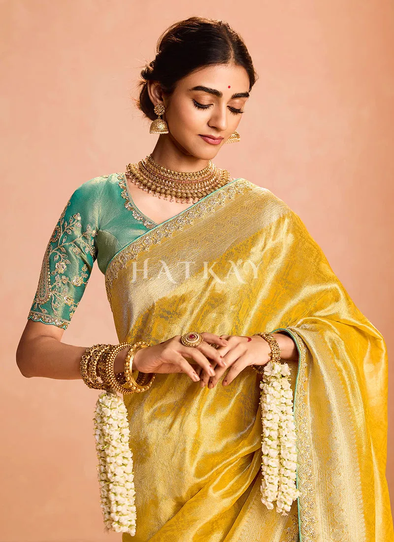 Yellow And Turquoise Embroidery Saree