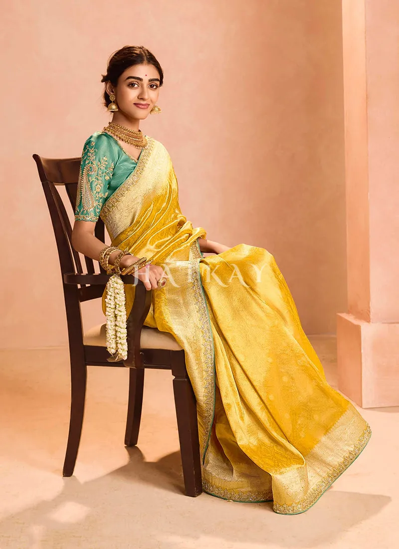 Yellow And Turquoise Embroidery Saree