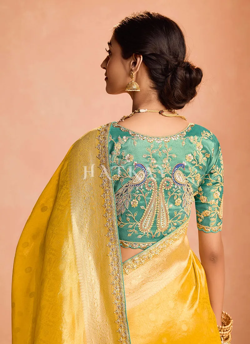 Yellow And Turquoise Embroidery Saree