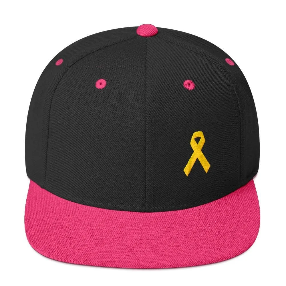Yellow Awareness Ribbon Flat Brim Snapback Hat for Sarcoma, Suicide Prevention & Military Causes