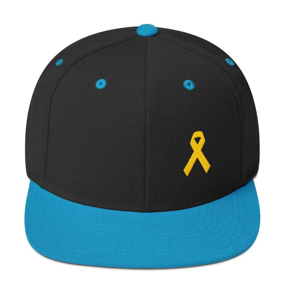 Yellow Awareness Ribbon Flat Brim Snapback Hat for Sarcoma, Suicide Prevention & Military Causes