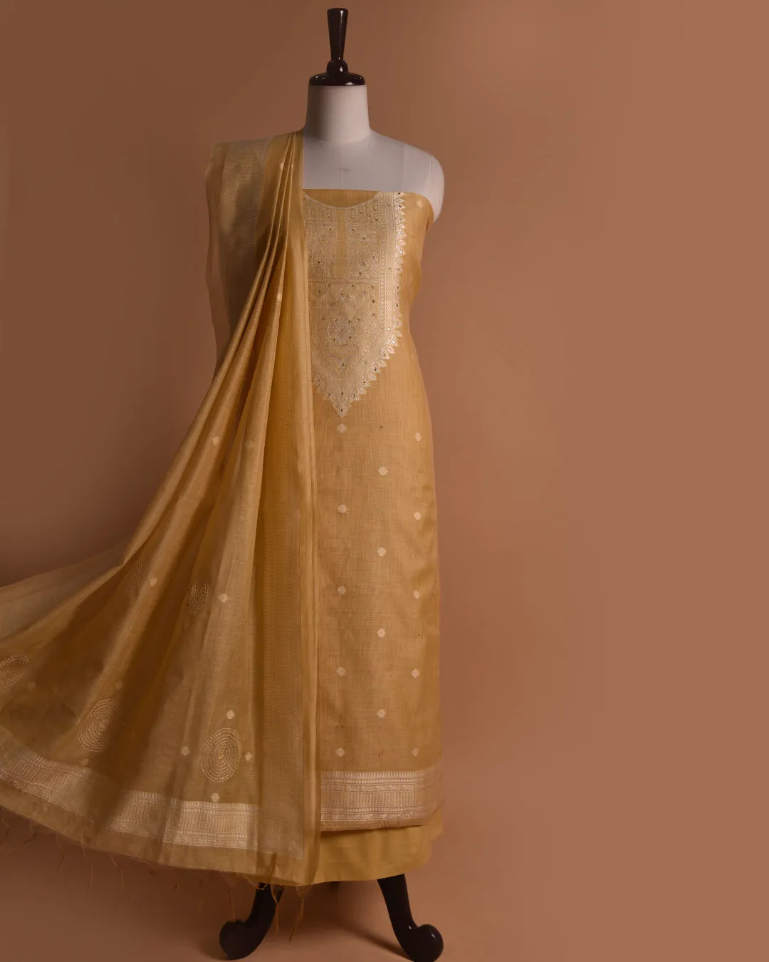 Yellow Chanderi Silk Blend Woven With Embellishment Unstitched Suit Fabric Set With Chanderi Silk Dupatta