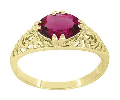 Yellow Gold Edwardian Oval Rubellite Tourmaline Filigree Engagement Ring - October Birthstone