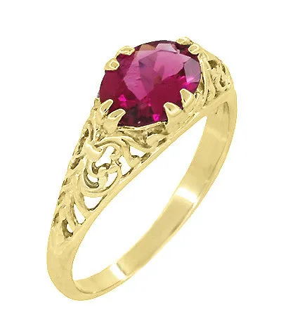 Yellow Gold Edwardian Oval Rubellite Tourmaline Filigree Engagement Ring - October Birthstone