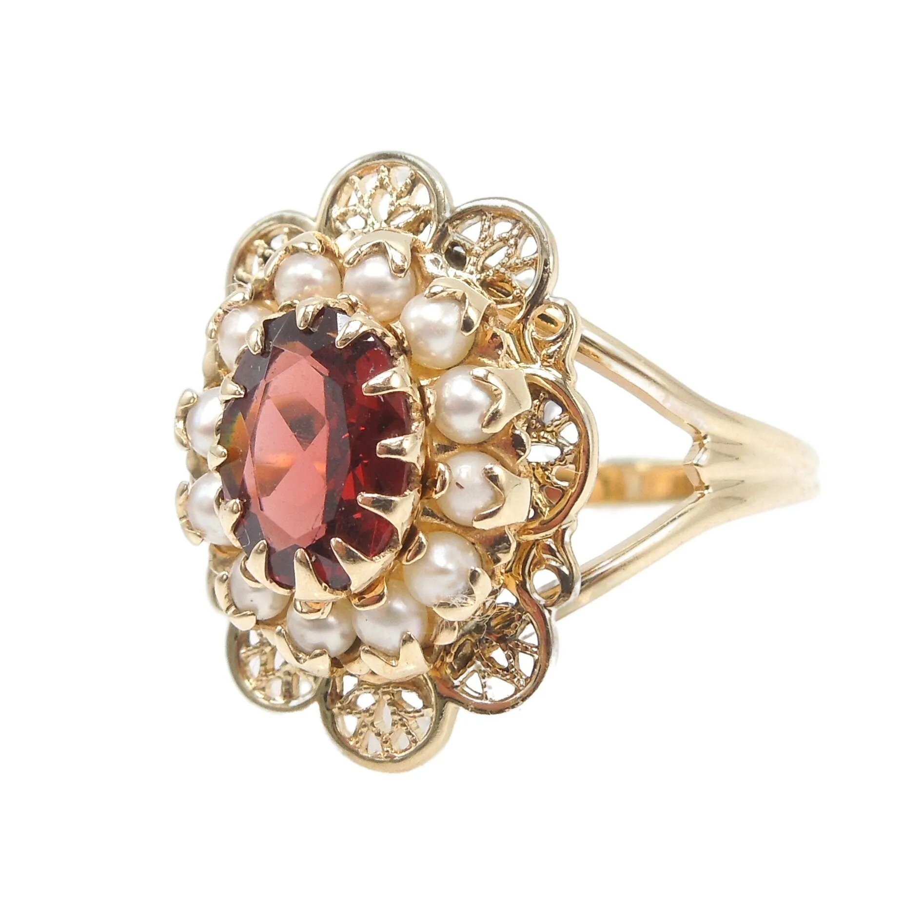 Yellow Gold Oval Garnet and Seed Pearl Split Shank Ring