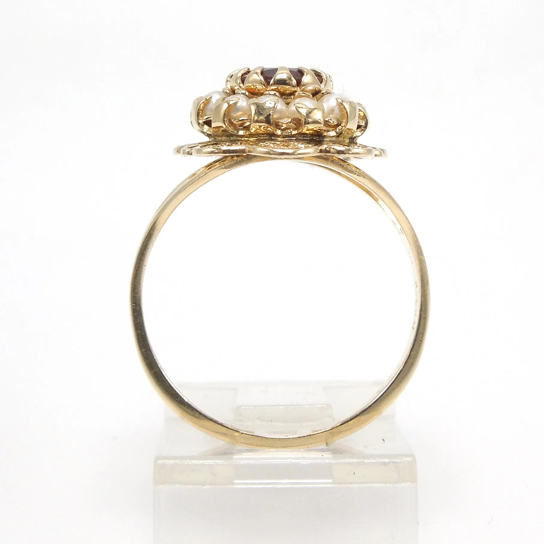 Yellow Gold Oval Garnet and Seed Pearl Split Shank Ring