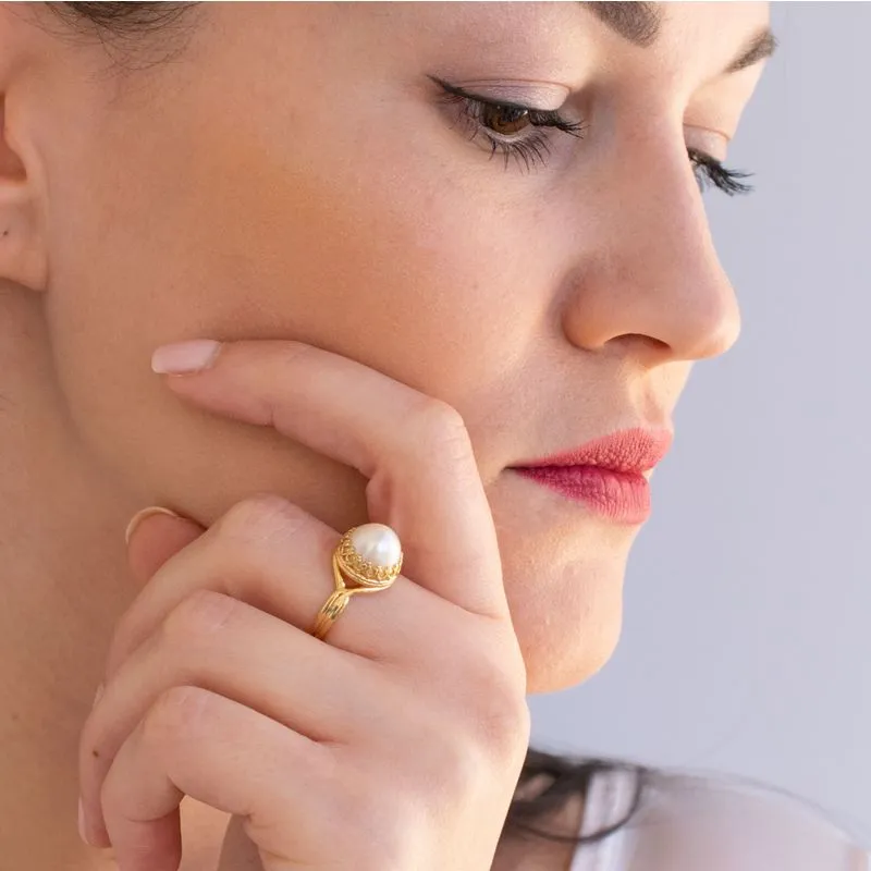 Yellow Gold Plated Round White Pearl 10mm Ring