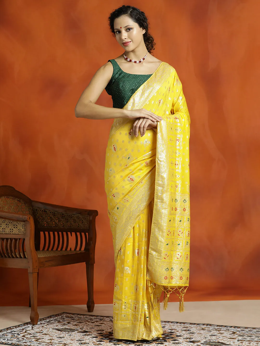 Yellow Silk Banarasi Floral Zari Woven Design Saree
